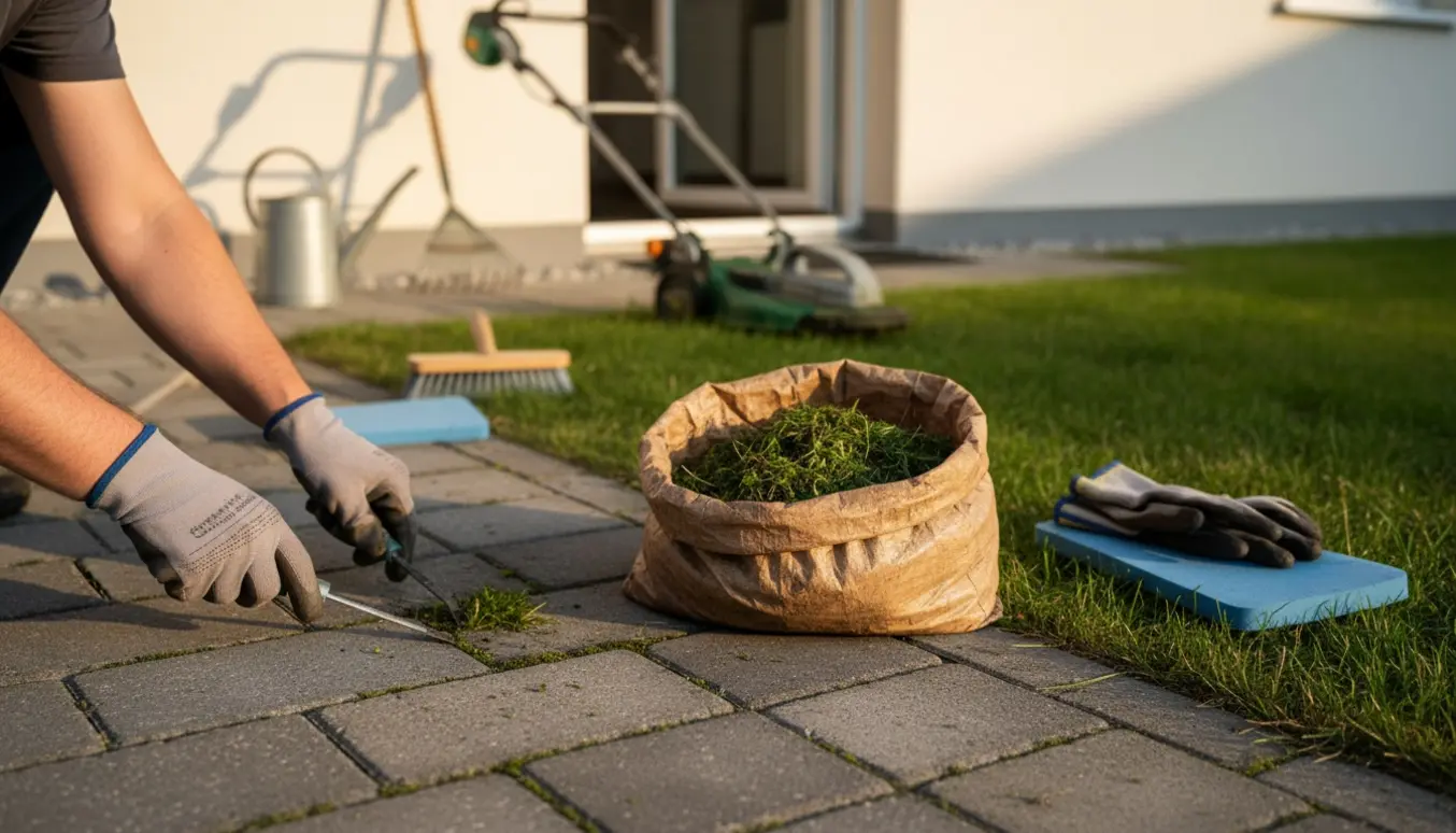 Person fjerner ukrudt mellem fliser på en terrasse og slår en lille græsplæne foran en lejlighed.