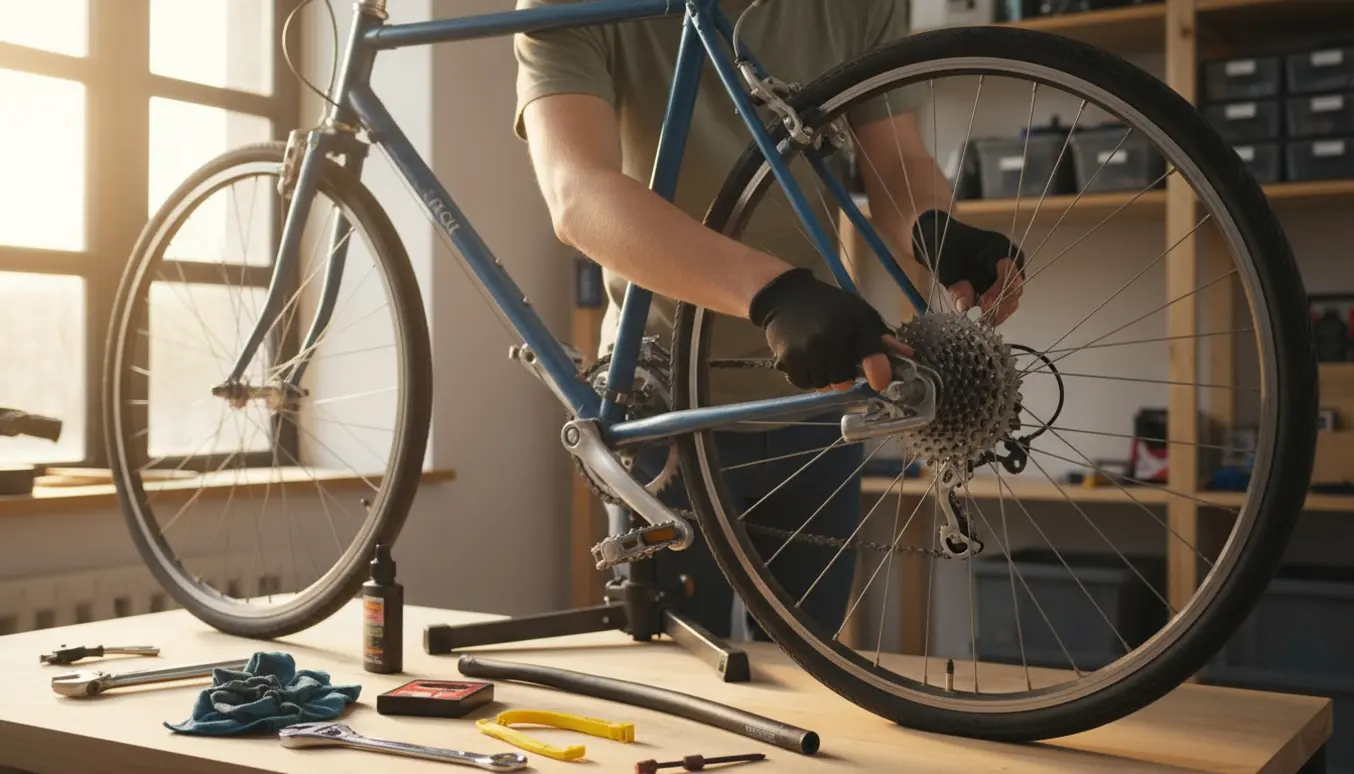 En person reparerer kæden og hjulet på en cykel i et lyst og ryddeligt værksted.