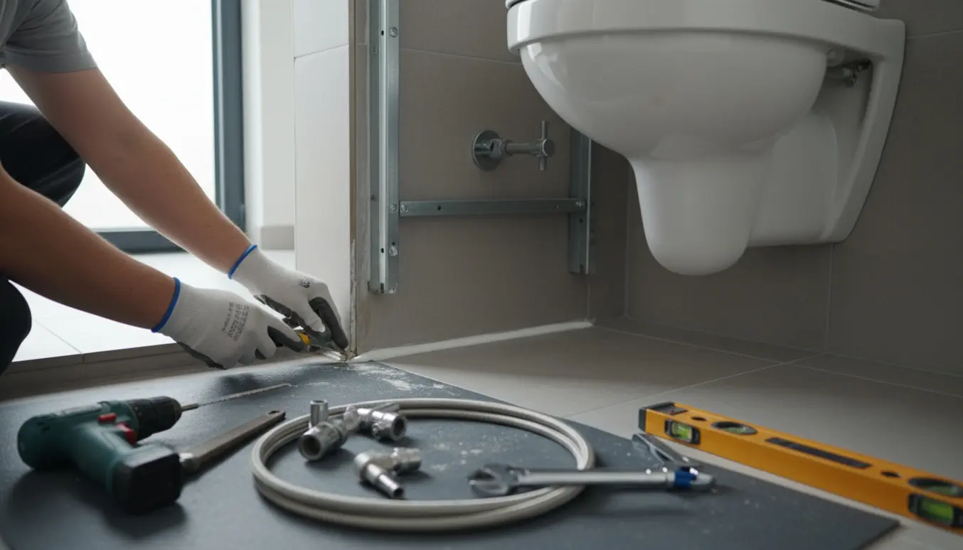 VVS-montør monterer nyt væghængt toilet i flisebadeværelse, fjerner gammel silicone og tilpasser nye rør.