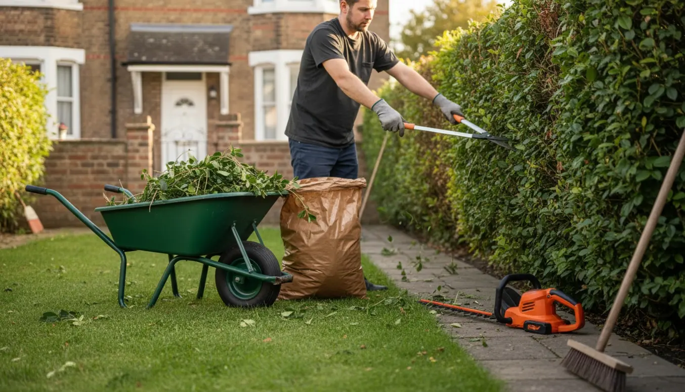 Hækkeklippere i handsker trimmer en hæk i en lille forhave, mens afklip samles i en trillebør.