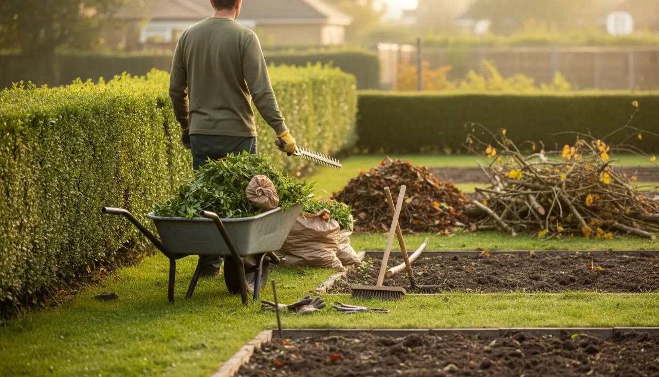 Havemand set bagfra ved nyslåede hække med trillebør, bunker af haveaffald og ryddede bede.