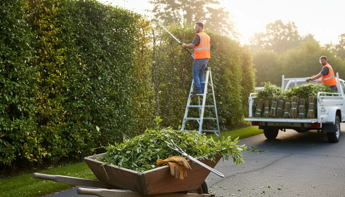 En professionelt klippet blandet hæk ved en indkørsel, hvor afklip læsses i en trailer.
