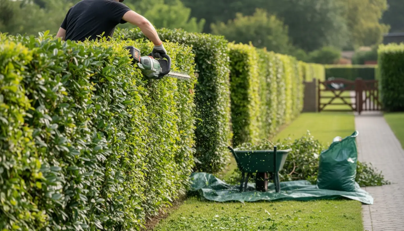 Lang liguster- og bøgehæk klippes i haven, mens afklip samles i trillebør.