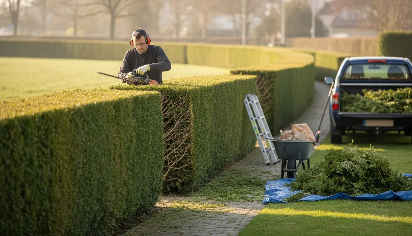 Lang thuja-hæk trimmes med hækkeklipper, og hækaffald samles i trillebør og sække.
