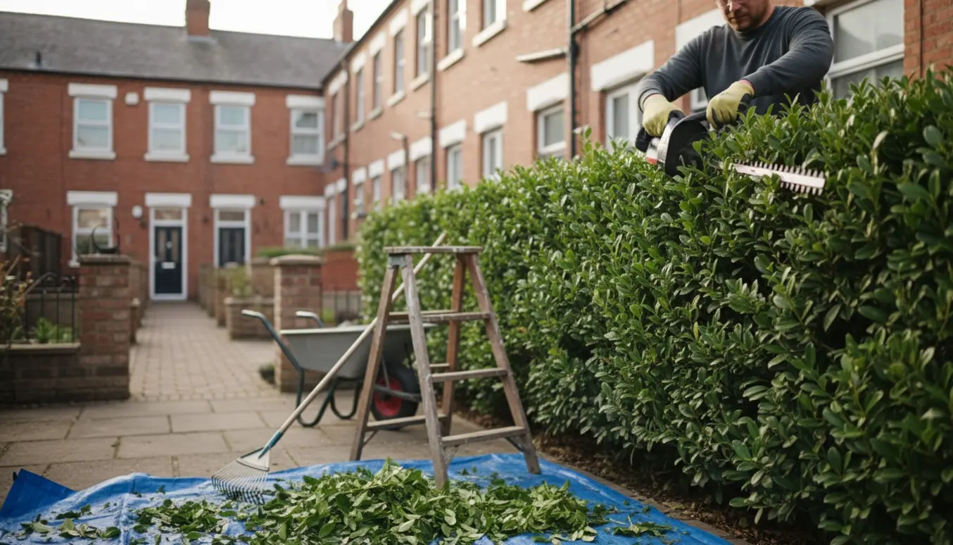 Person trimmer hæk mellem rækkehuse, top og sider klippes med grønne afklip samlet på en presenning.