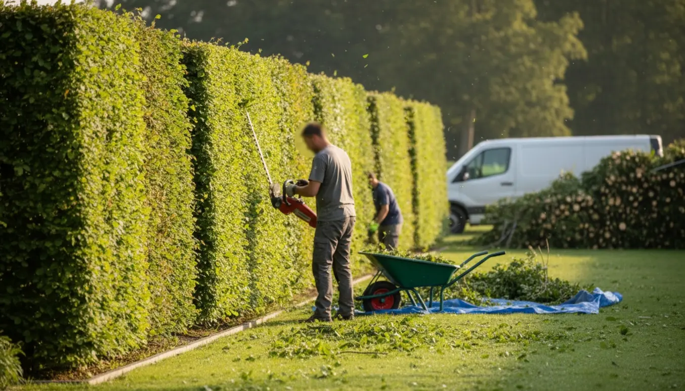 En gartner trimmer en lang bøgehæk med værktøj og samlet grønt affald klar til bortkørsel.