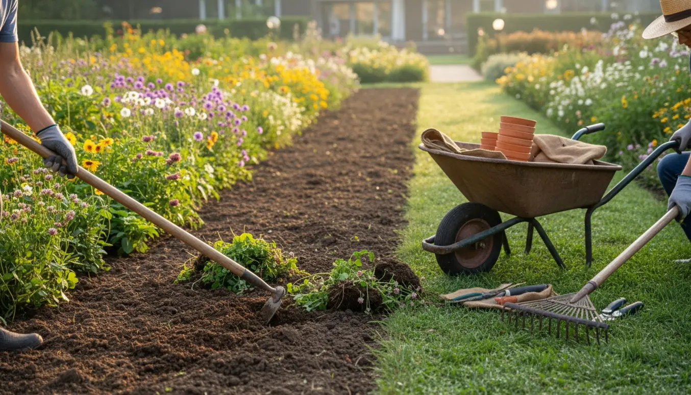 Hænder luger ukrudt i et stort staudebed med haveredskaber og trillebør i varmt sollys.