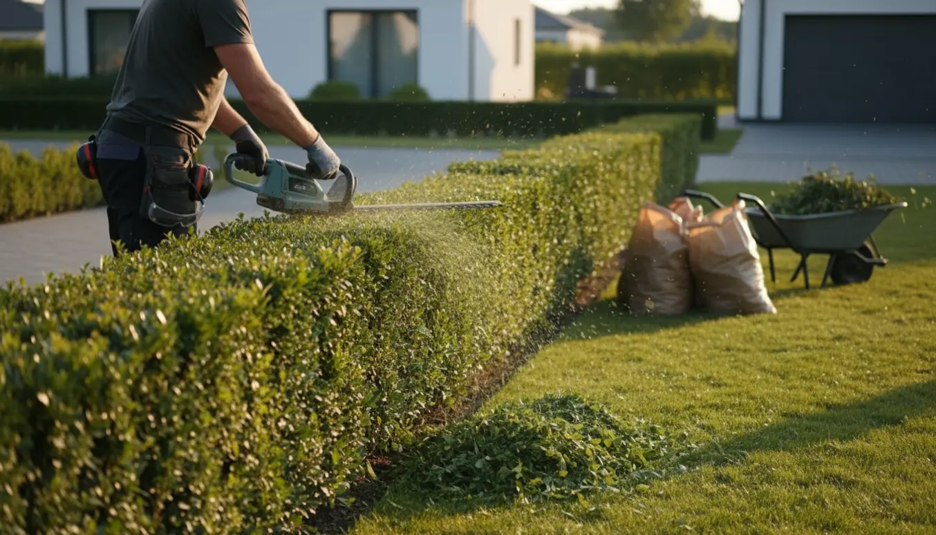 Nærbillede af hækklipning med elektrisk hækkeklipper, sække og trillebør klar til haveaffald.