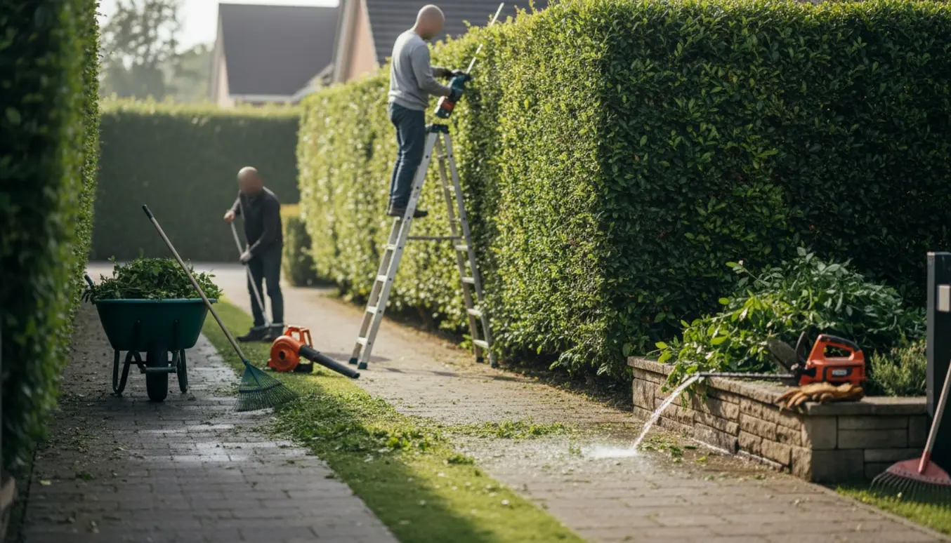 En hæk bliver klippet, og græs fejes væk fra en indkørsel med værktøj og trimmings i en ryddelig have.