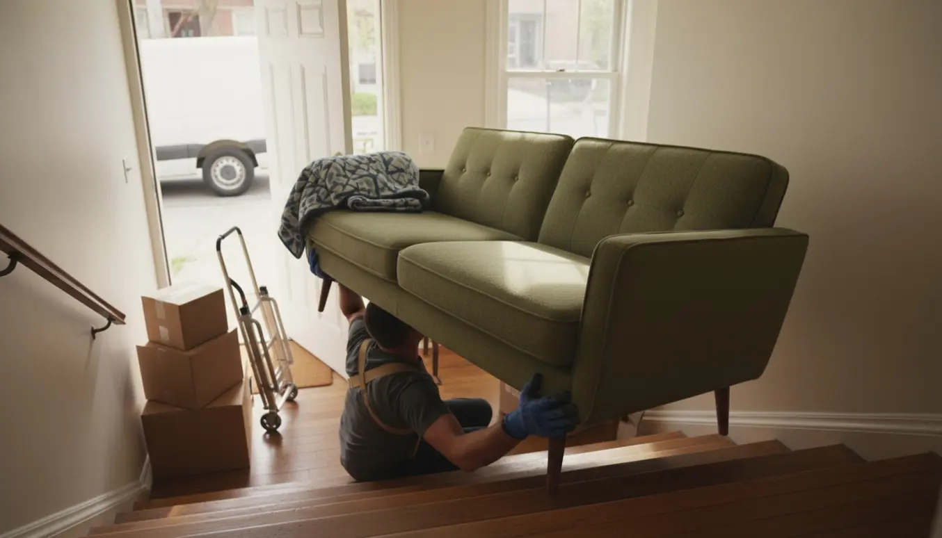 To personer bærer en sofa op ad en snæver trætrappe til en lys lejlighed, med flyttetæpper og sækkevogn ved døren.