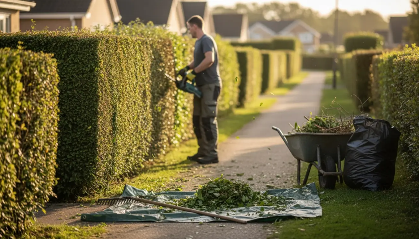 En person trimmer en lang hæk; den ene side og toppen er nyklippet, og afklip ligger samlet klar til bortkørsel.