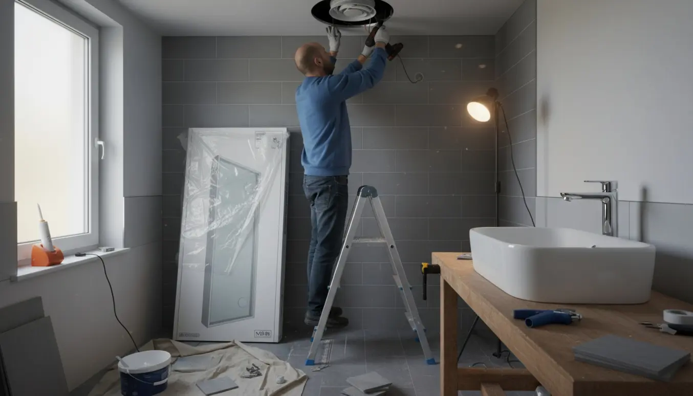 Hænder installerer en loftsventilator i et lille badeværelse under udskiftning af badmodul, vask og armatur.