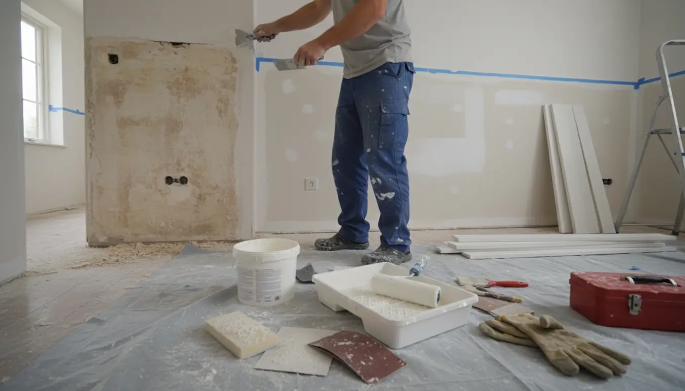 Rum under renovering med spartlet væg og loft, malerværktøj og nye fodpaneler klar til montering.