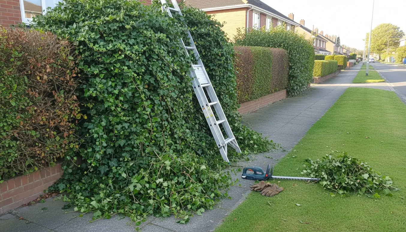 Stige og hækkeklipper ved en overgroet efeuhæk klar til beskæring.