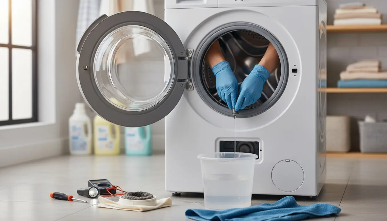 Vaskemaskine med vand i tromlen og handske­klædte hænder, der fjerner afløbsfilteret ved hjælp af værktøj.