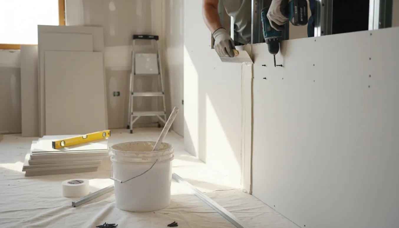 Hænder monterer og første-spartler en lang gipsvæg i et lyst rum under renovering.