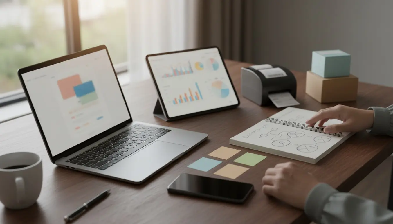 Skrivebord med laptop, tablet, farvede kort og produktæsker, der illustrerer opsætning af automatiske e-mailkampagner til en webshop.