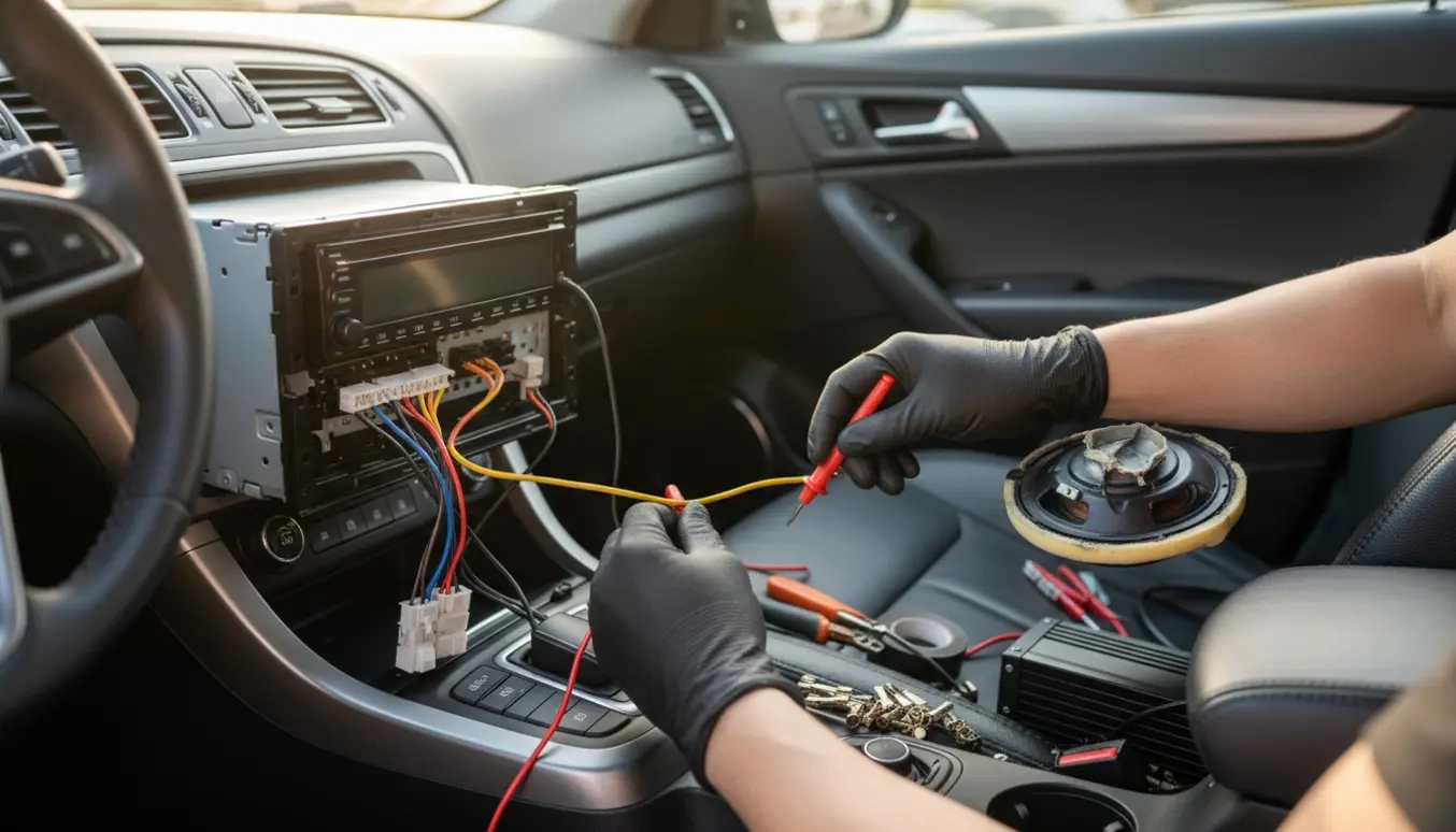 Åben bilkonsol med hænder, der tester et bilstereoanlæg med multimeter og løse kabler.