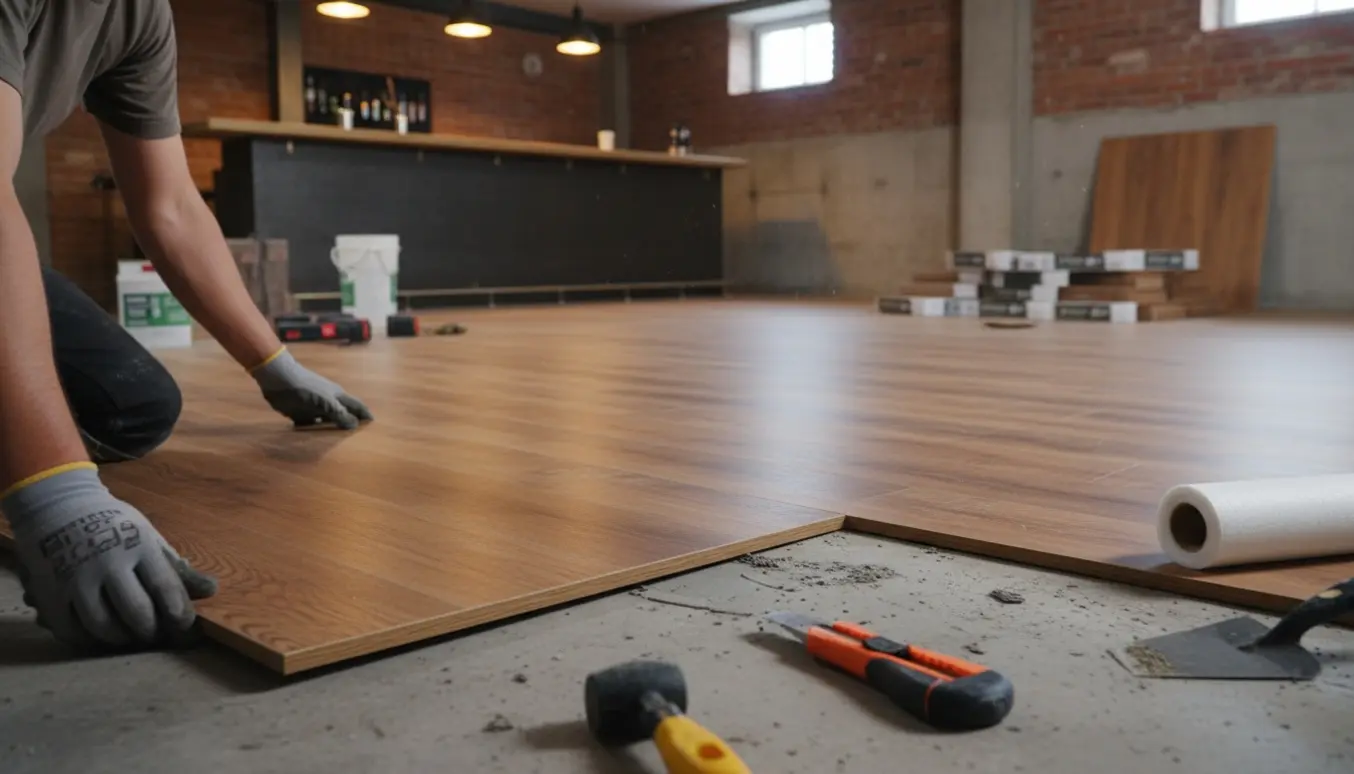Nærbillede af vinylgulvlægning i en kælderbar med hænder, værktøj og nye planker.