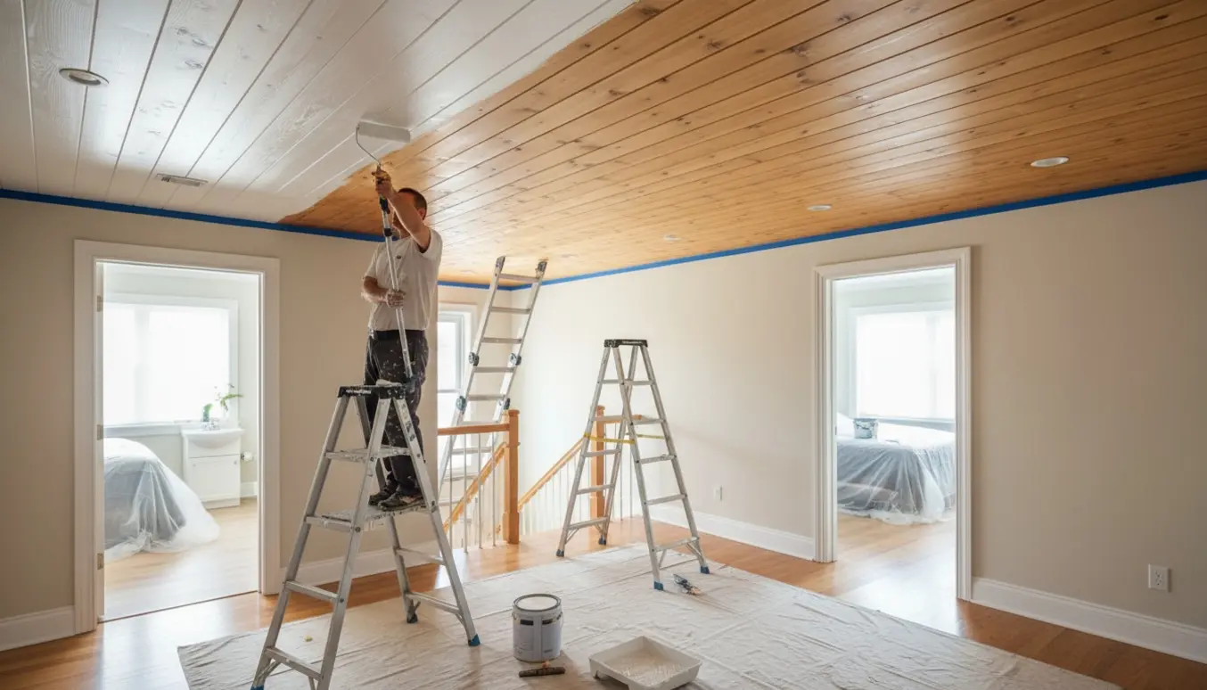 Træloft på repos og trappeåbning bliver malet hvidt med rulle, stige og afdækning.