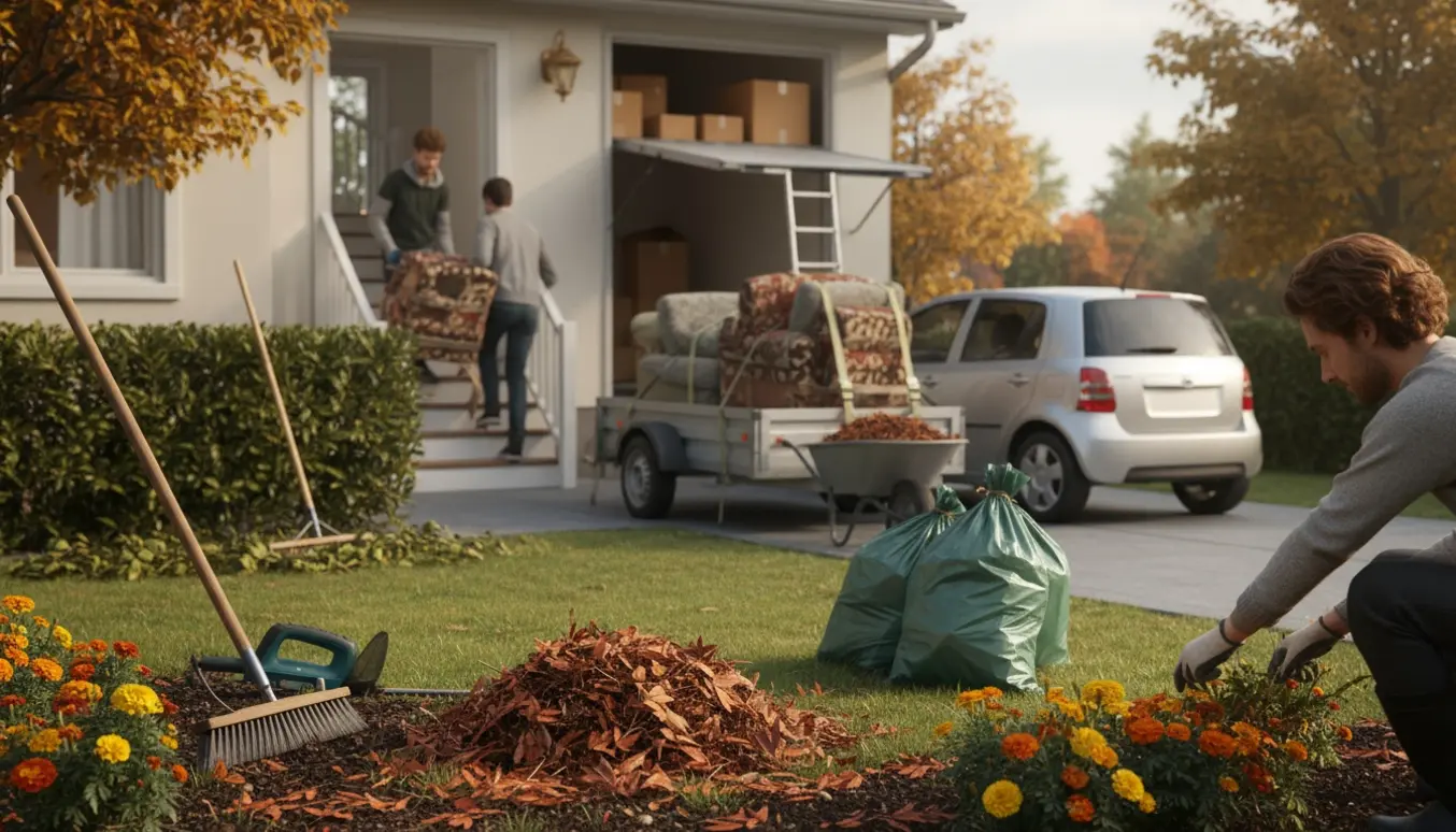 Udendørs scene med havearbejde: lugning, hækklipning, fejning og møbler pakket på trailer ved indkørsel.
