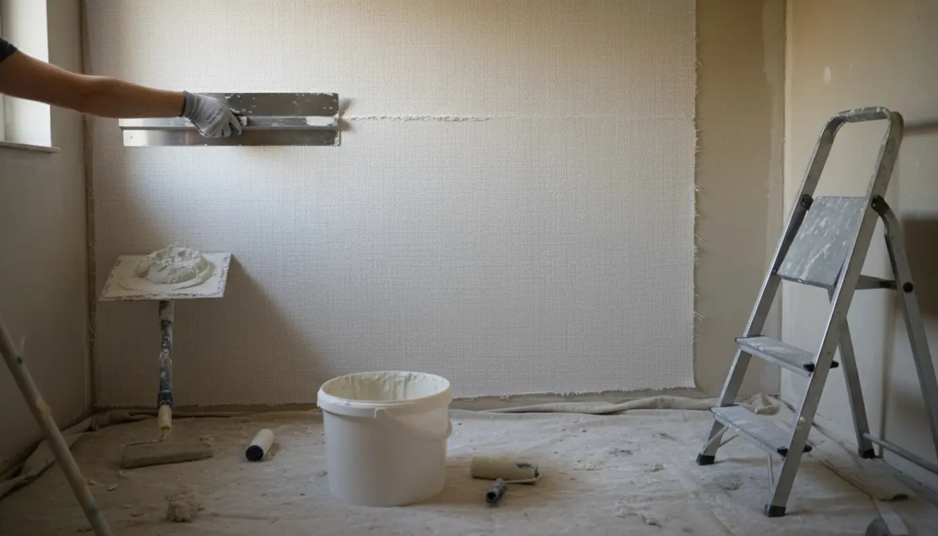 Spartlet bryggersvæg hvor væv rulles på og håndværktøj ligger klar i et lyst, ryddeligt rum.