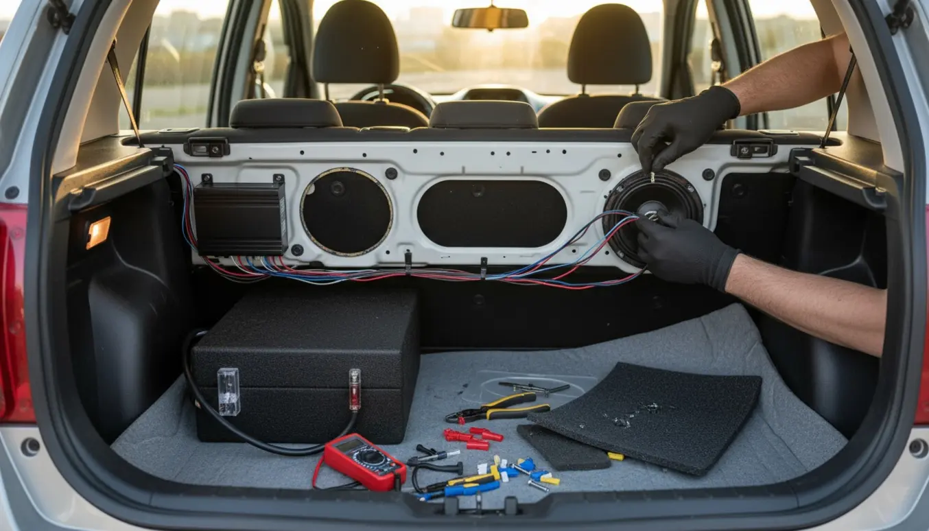 Bagagerum i en lille hatchback hvor baghøjttalere, forstærker og sub installeres med værktøj og kabler synlige.
