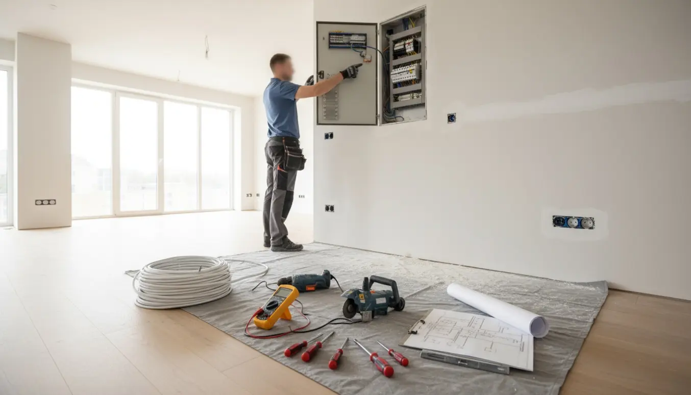 Elektriker inspicerer en åben eltavle i en lys lejlighed med nye stikkontakter og værktøj i forgrunden.