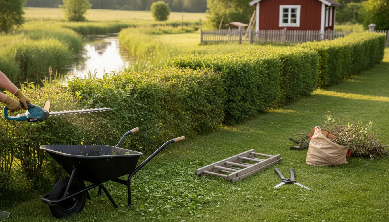 Hæk klippes ned mod åen på en sommerhusgrund med trillebør og afklip i forgrunden.
