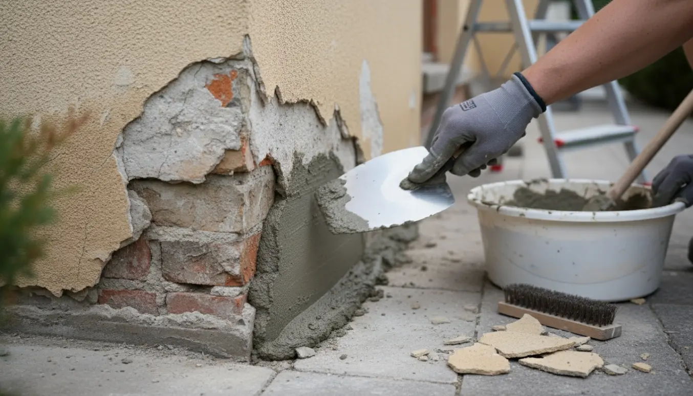 Nærbillede af en håndværkerhånd, der pudser revner og reparerer et beskadiget sokkelhjørne med mørtel og murske.
