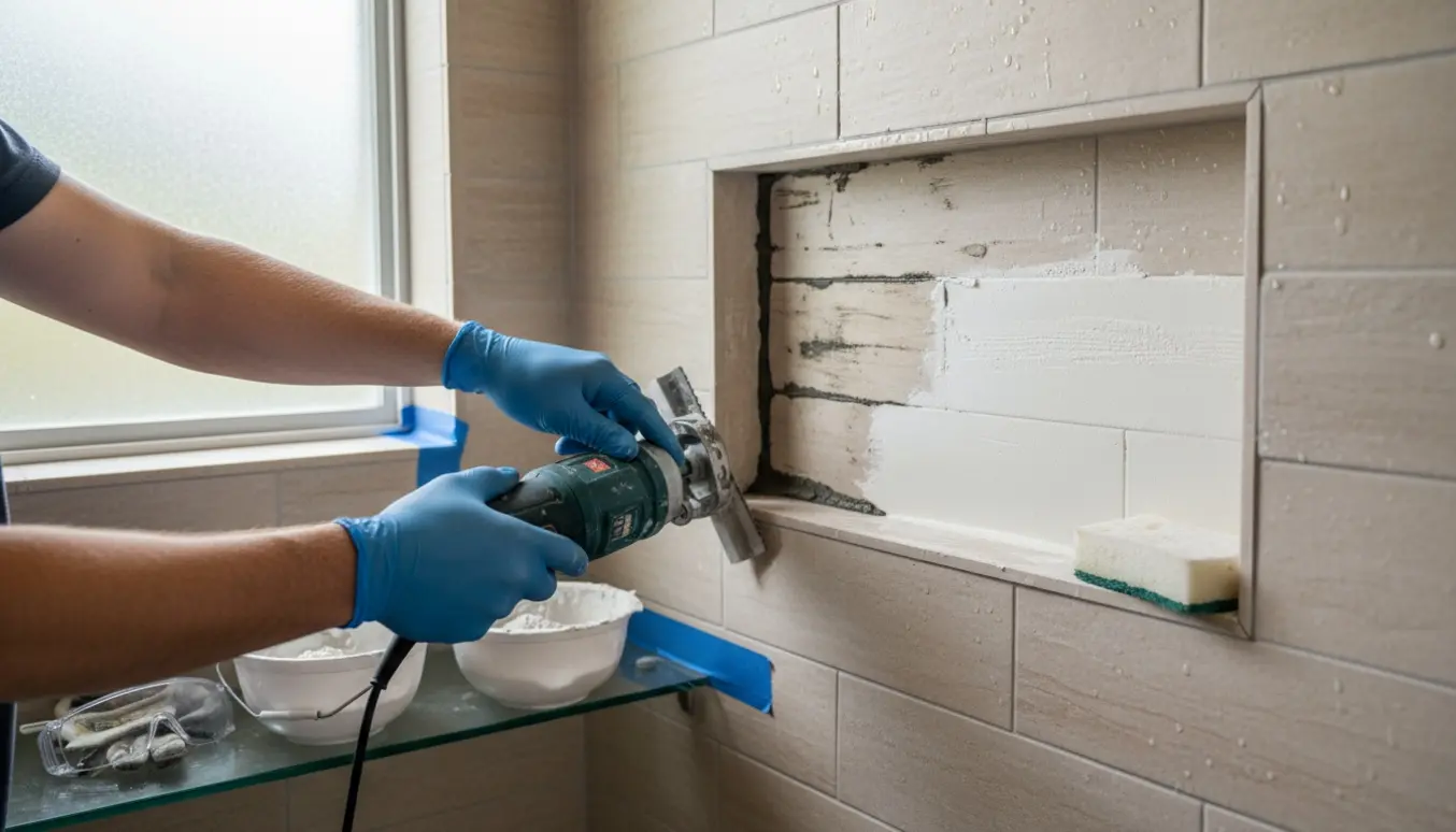 Nærbillede af hænder, der fjerner sort fuge i en bruseniche og påfører ny hvid fuge.