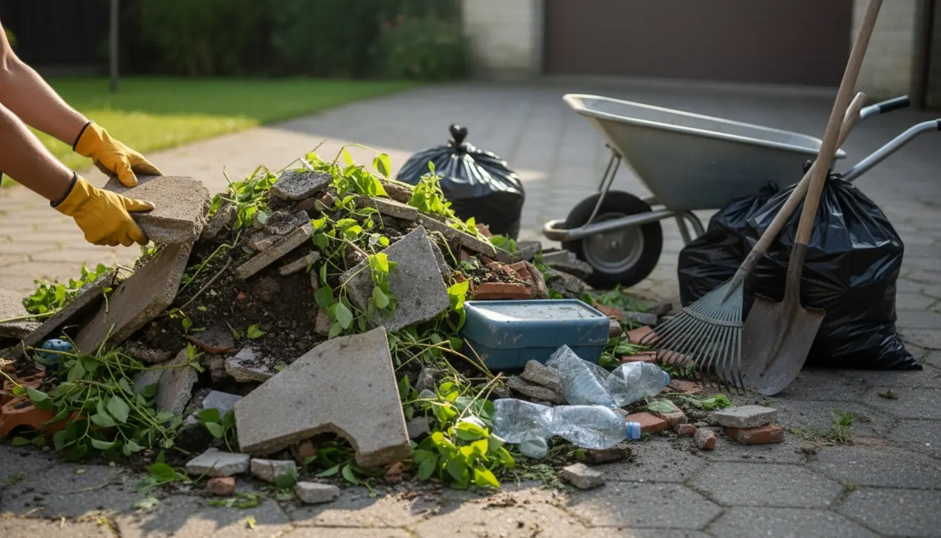 Blandet affald med betonstykker, haveaffald og plastik, der bliver sorteret i en trillebør.