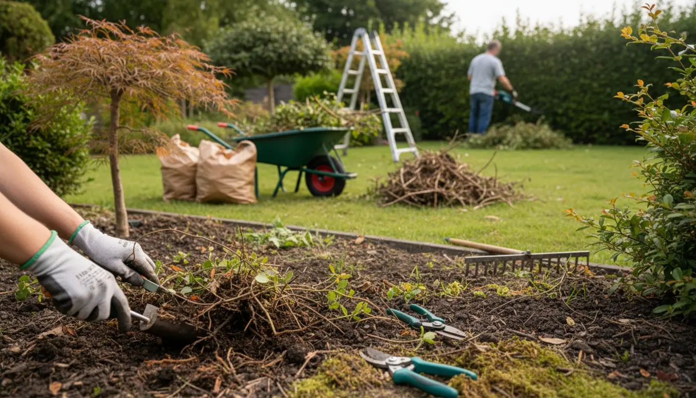 Hands trækker slyngplanter op og en hæk og små træer klippes i en mellemstor have med værktøj og samlet haveaffald.