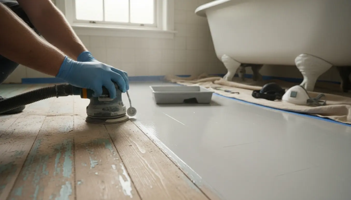 Delvist slebet træbadeværelsesgulv med slibemaskine og malerulle i blødt dagslys.