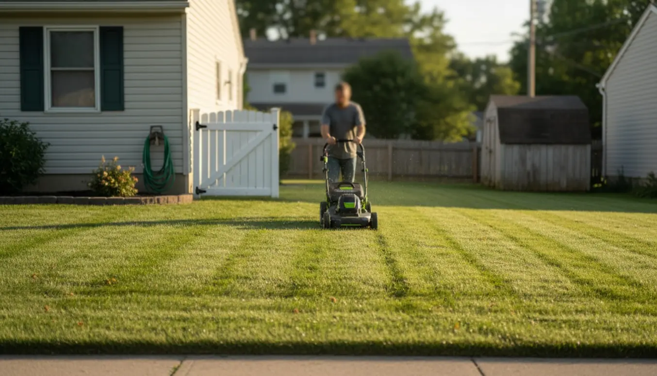 En person slår græs i for- og baghaven med en plæneklipper, mens forplænen har friske striber.