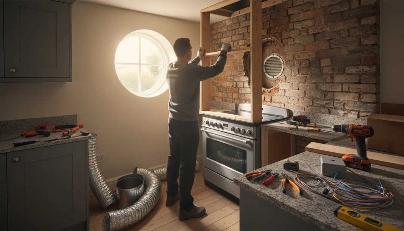 Elektriker bygger en loftskasse til emhætte og trækker kabler i et lille køkken med rundt vindue.