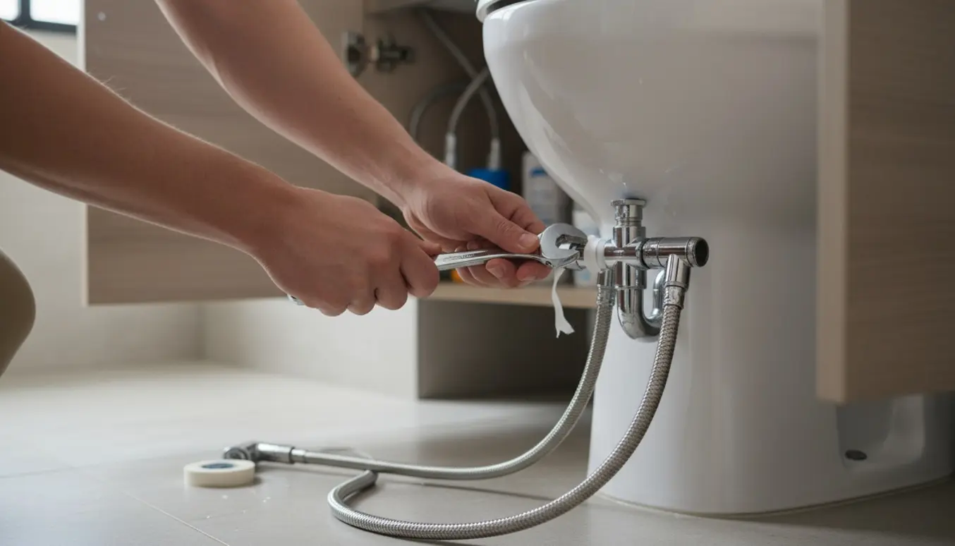 Håndværker monterer en håndholdt bruseslange til WC under vasken med skruenøgle og kromfittings.