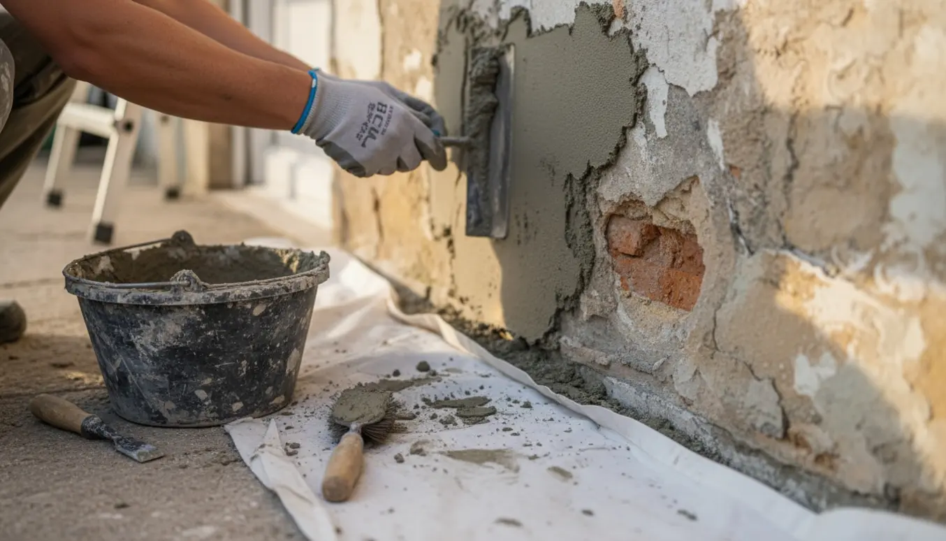 Nærbillede af reparation af ydermur, hvor hænder glatter frisk puds over huller.