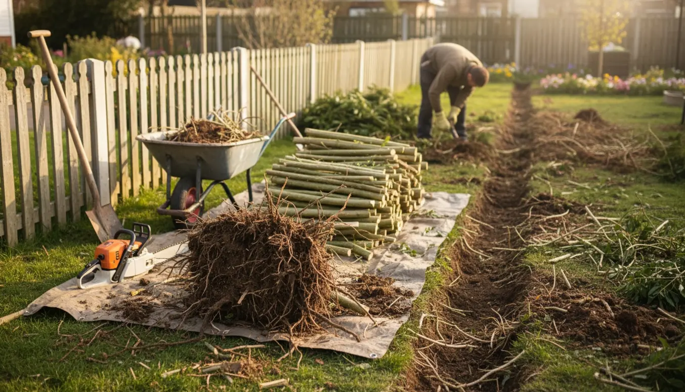 Opgravet og fjernet blandet hæk og træer med eksponerede rødder, værktøj og bunker af grene i en have.