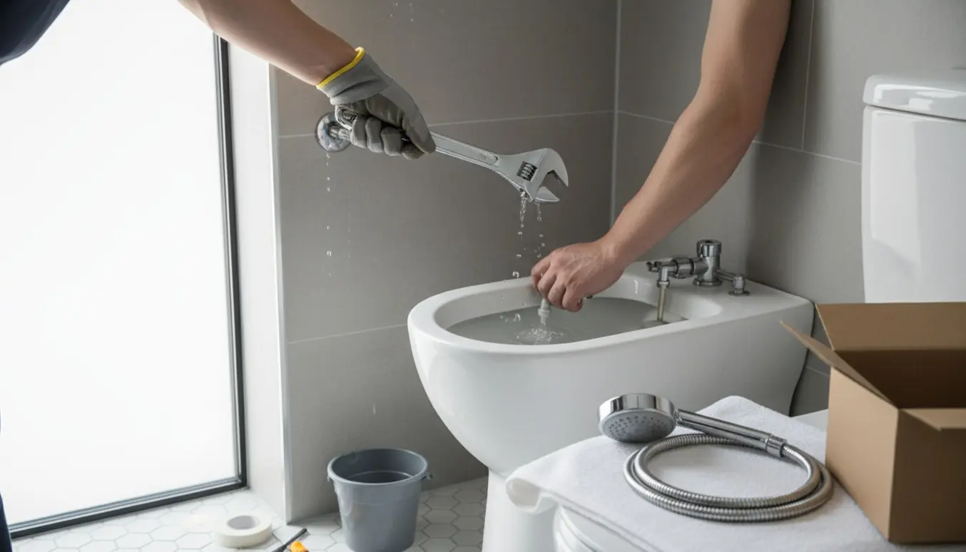 VVS'er skifter brusesæt og tjekker et lille løbende toilet i et lyst flisebadeværelse.