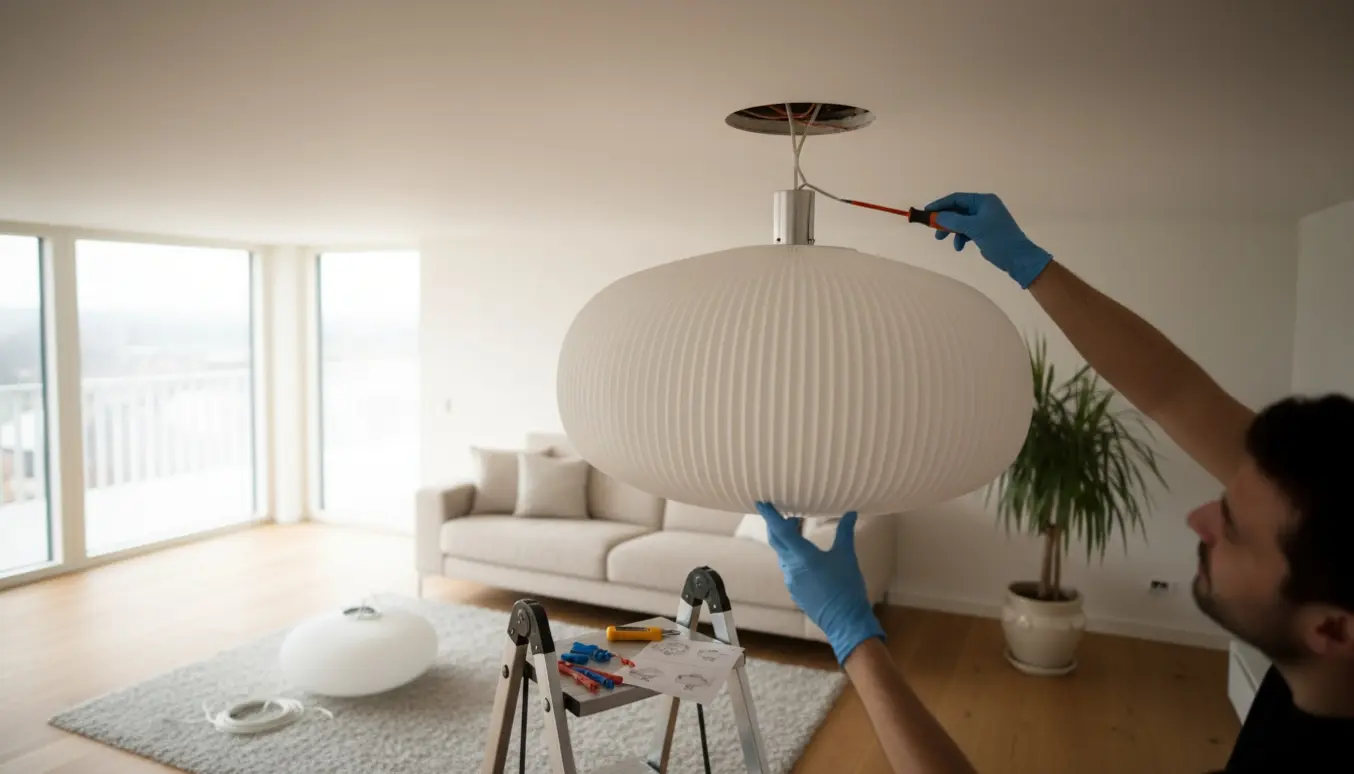 En person monterer en hvid IKEA Risbyn loftslampe fra en stige med værktøj ved siden af.