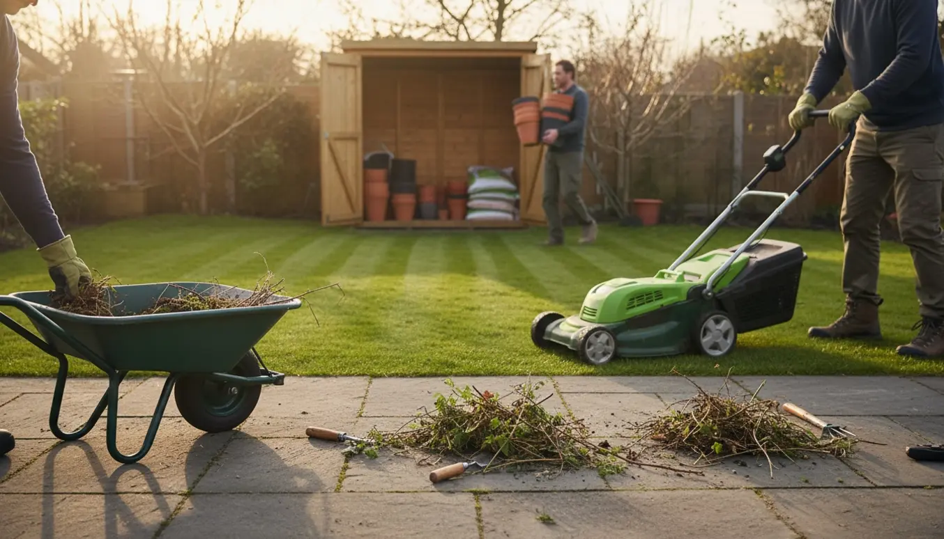 En have bliver klargjort til vinter med nyklippet græs, krukker samlet i skuret og ukrudt fjernet fra terrassen.