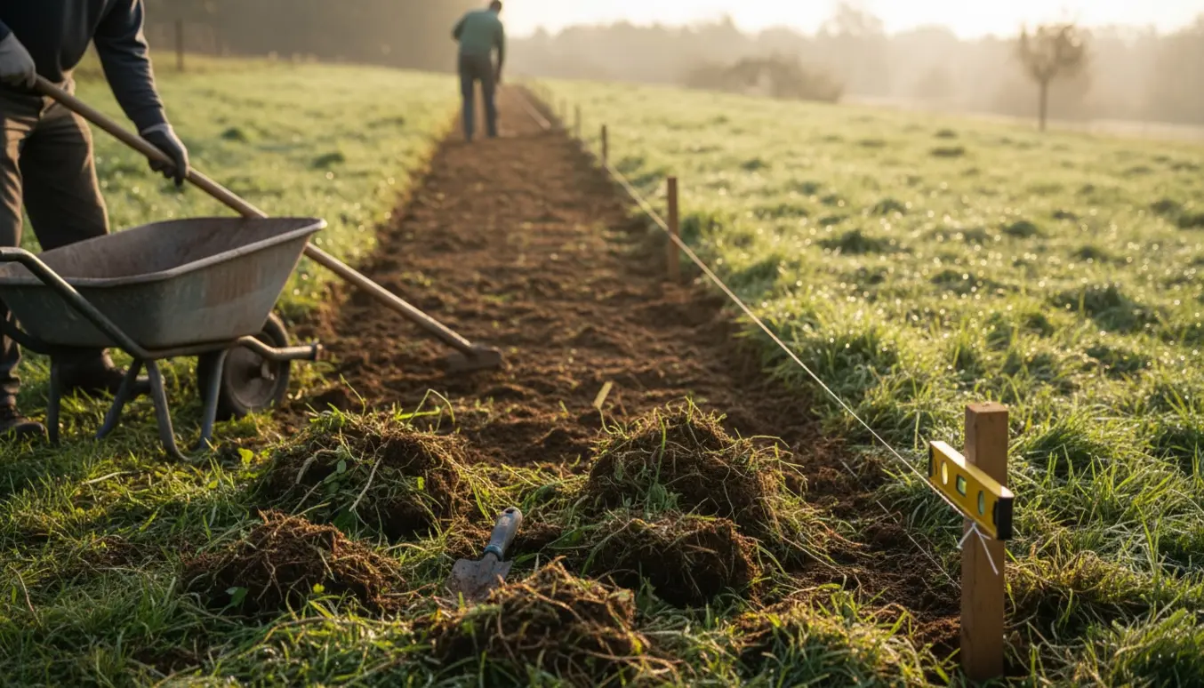 Handskerede hænder fjerner ukrudt og jævner en ca. 20 m lang skråning med snor og rive.