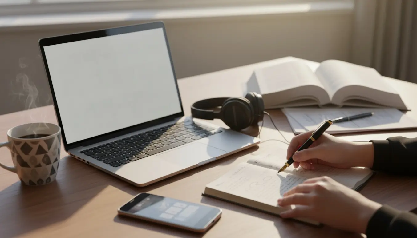 Et arbejdsbord med bærbar, ordbog, høretelefoner og notesbog klar til oversættelse.