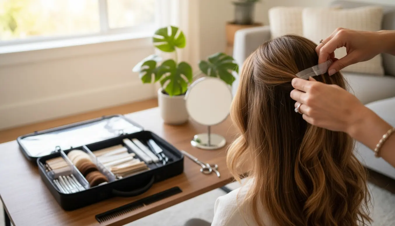 En mobil stylist sætter tape-extensions i en klients hår i en lys og hyggelig stue.