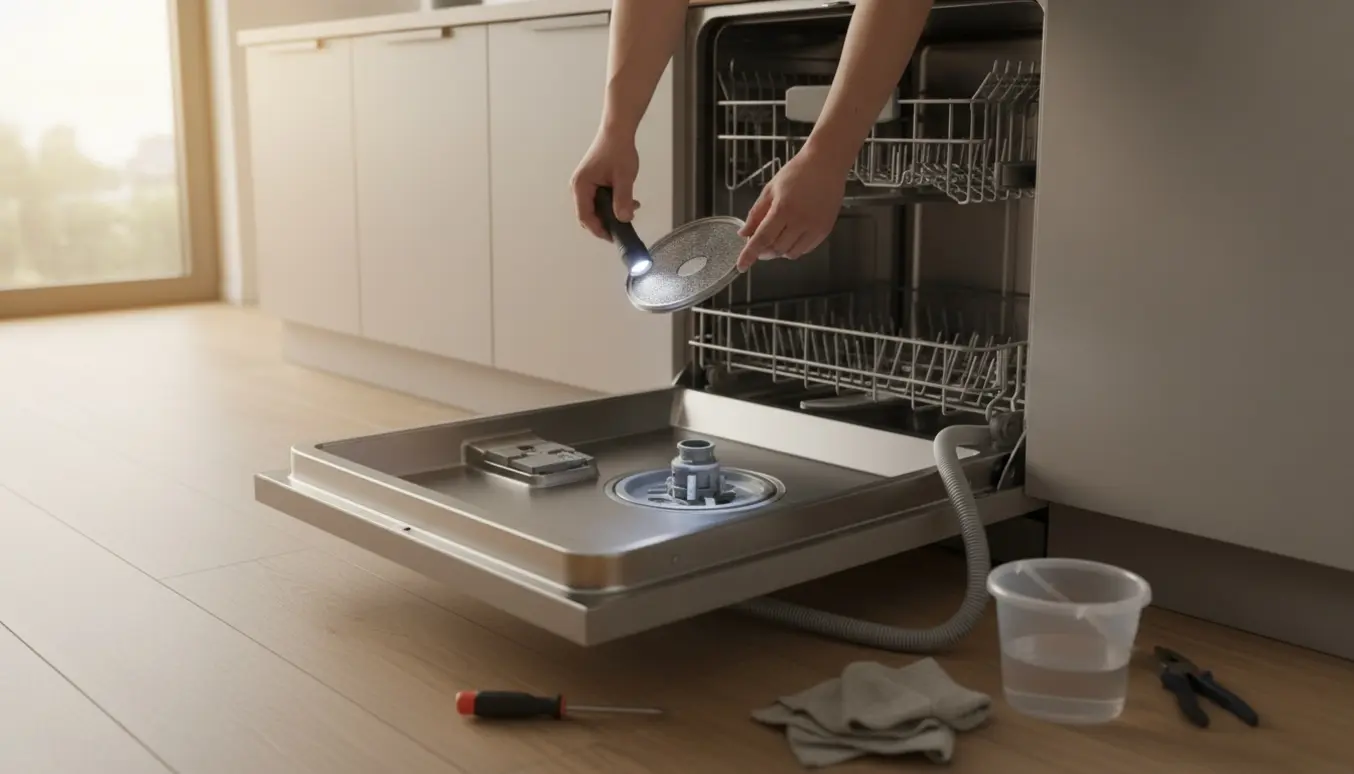 Hænder holder det fjernede filter over bunden af en indbygget opvaskemaskine med vand i sumpen og værktøj ved siden af.