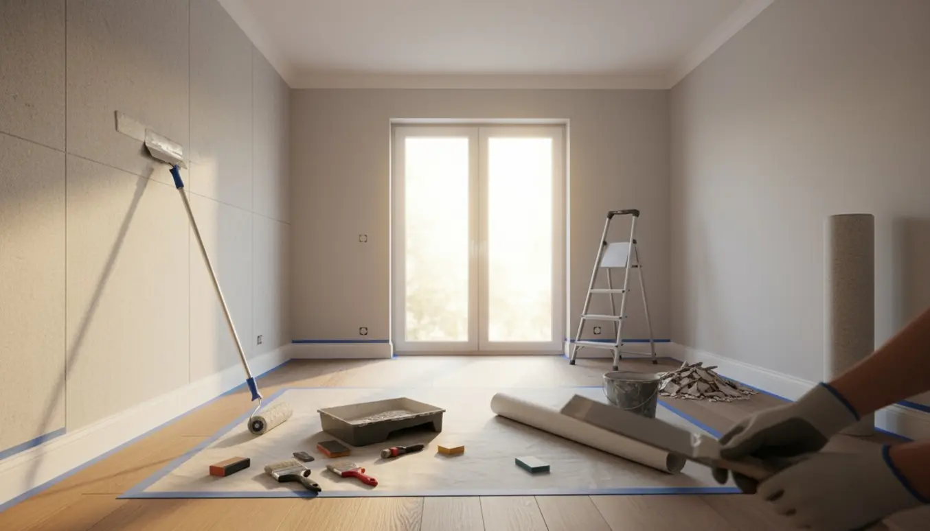 Stue under renovering med ny filt på væggene, maleruller, spartel og åbne dobbeltdøre i dagslys.