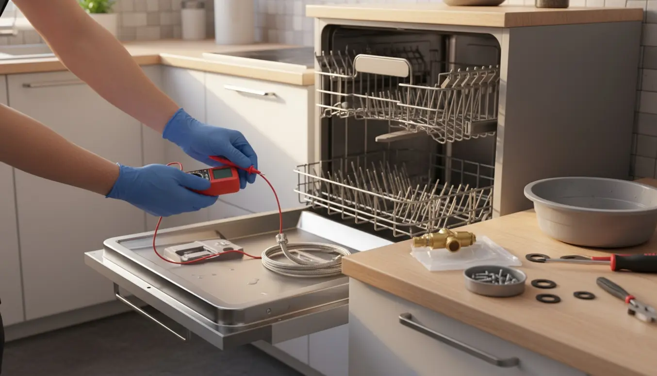 Åben indbygget opvaskemaskine til reparation med handsker, multimeter og løs vandtilførsel på køkkenbordet.