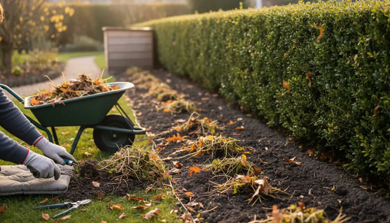 Lang hæk og bed med handsker og haveværktøj, hvor ukrudt er samlet og klar til vinteren.