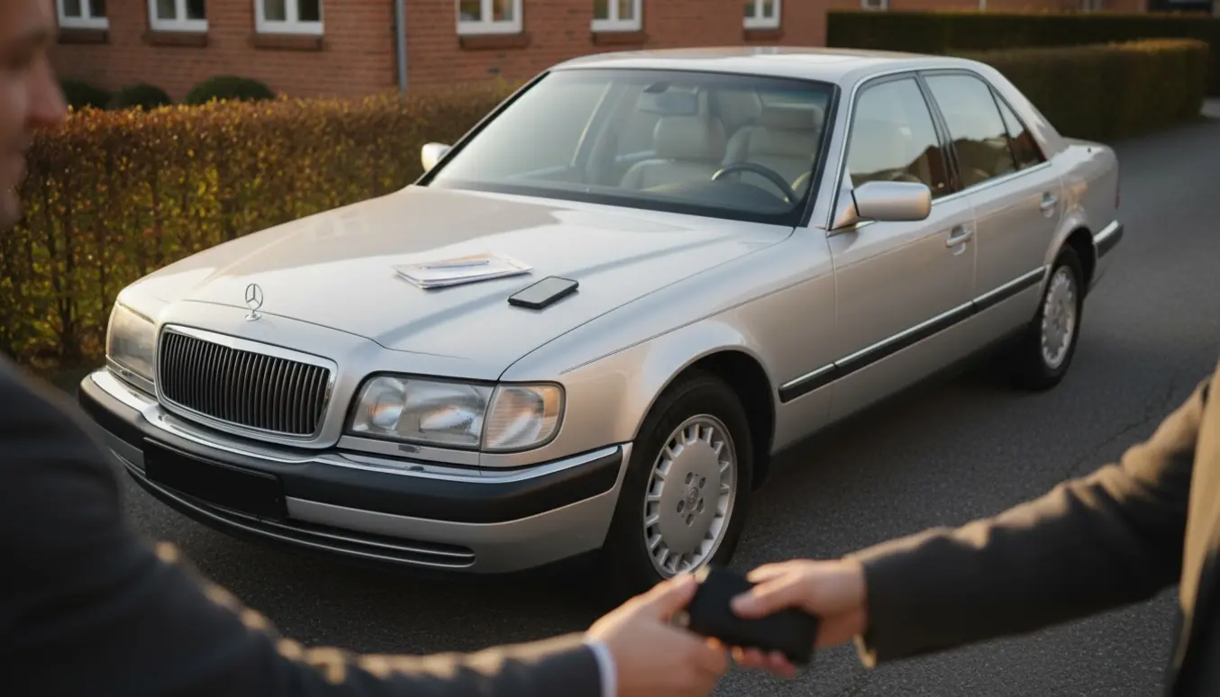 En velholdt sølvfarvet sedan i indkørsel, hvor nøgler gives videre ved håndtryk med ansigter uden for billedet.